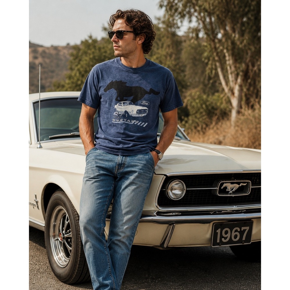 Ford Mustang 1967 Graphic Tee Mens‎ Medium Blue Vintage Wash Pony Car T Shirt